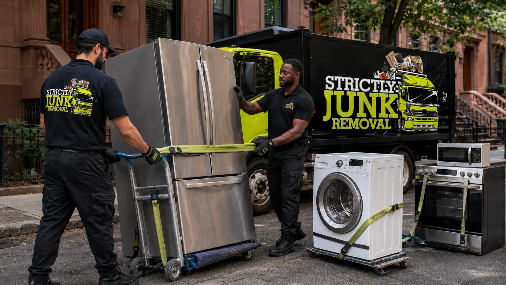 Strictly Junk Removal hauling an old refrigerator out of a Brooklyn kitchen