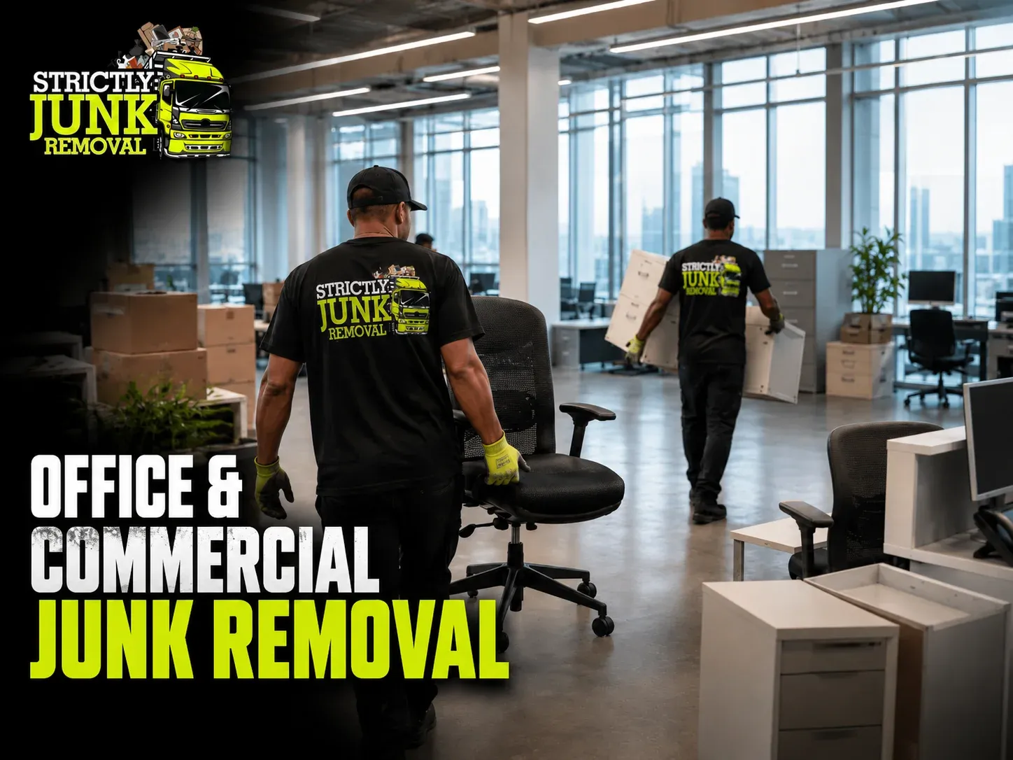 Strictly Junk Removal clearing old office furniture and cubicles from a Brooklyn commercial space
