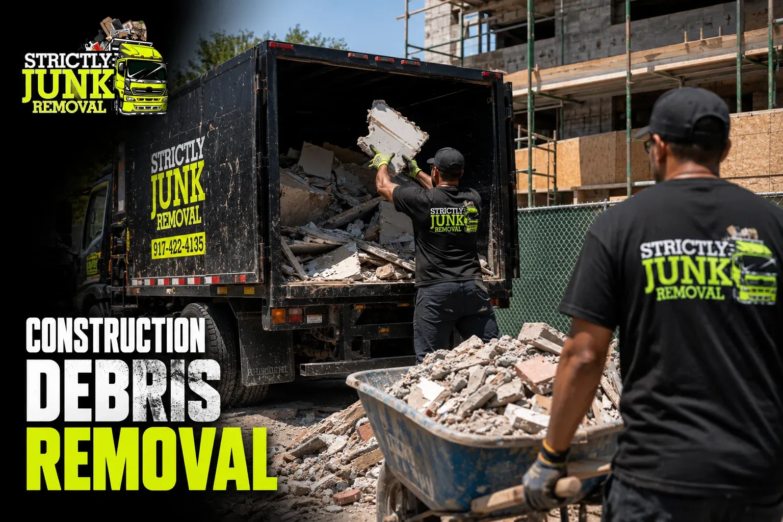 Renovation debris being loaded into the Strictly Junk Removal truck at a Brooklyn job site