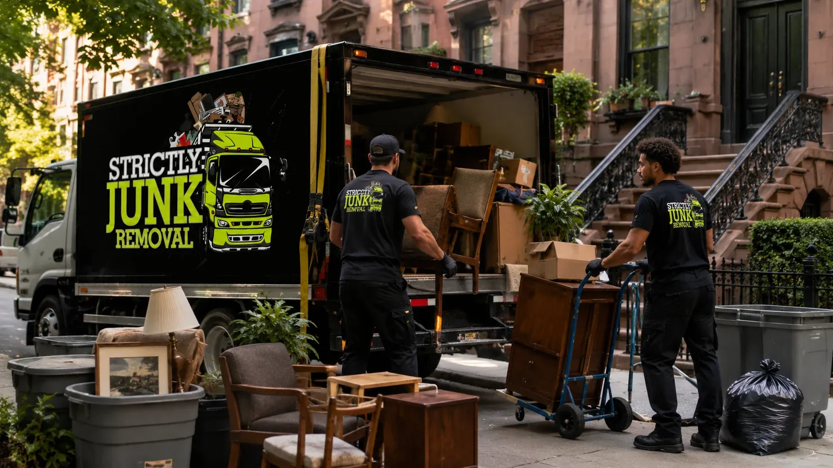 The Strictly Junk Removal crew clearing out a cluttered Brooklyn basement during an estate cleanout