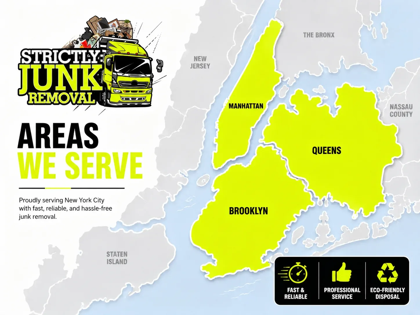 Map showing the Strictly Junk Removal service area across Brooklyn, New York