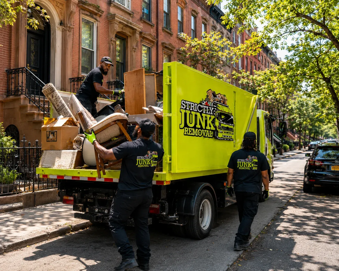 The Strictly Junk Removal crew carrying out a couch from a Brooklyn brownstone