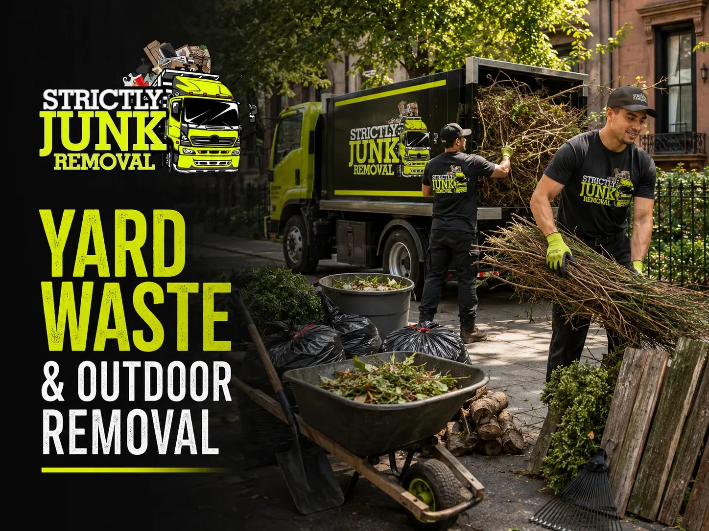 Strictly Junk Removal hauling branches and yard waste from a Brooklyn backyard